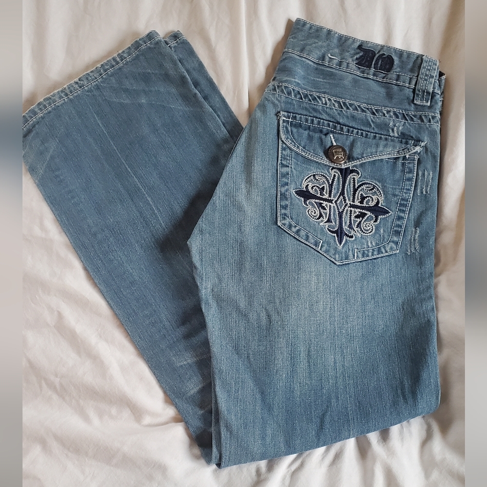 Do Denim Vtg Factory Distressed Bootcut Jeans with Embroidered Pockets, 34 x 33